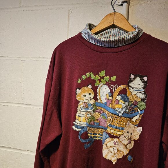 Vintage Cottagecore Granniecore Cat Lady Femi Cozy Turtleneck Cat Sweatshirt - Picture 1 of 11